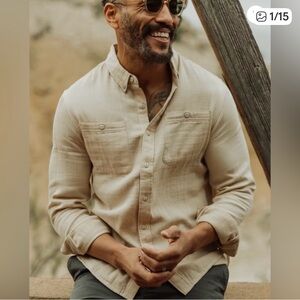 FLINT & TINDER Med Natural Double Gauze Long Sleeve Button Down Shirt Orig$128